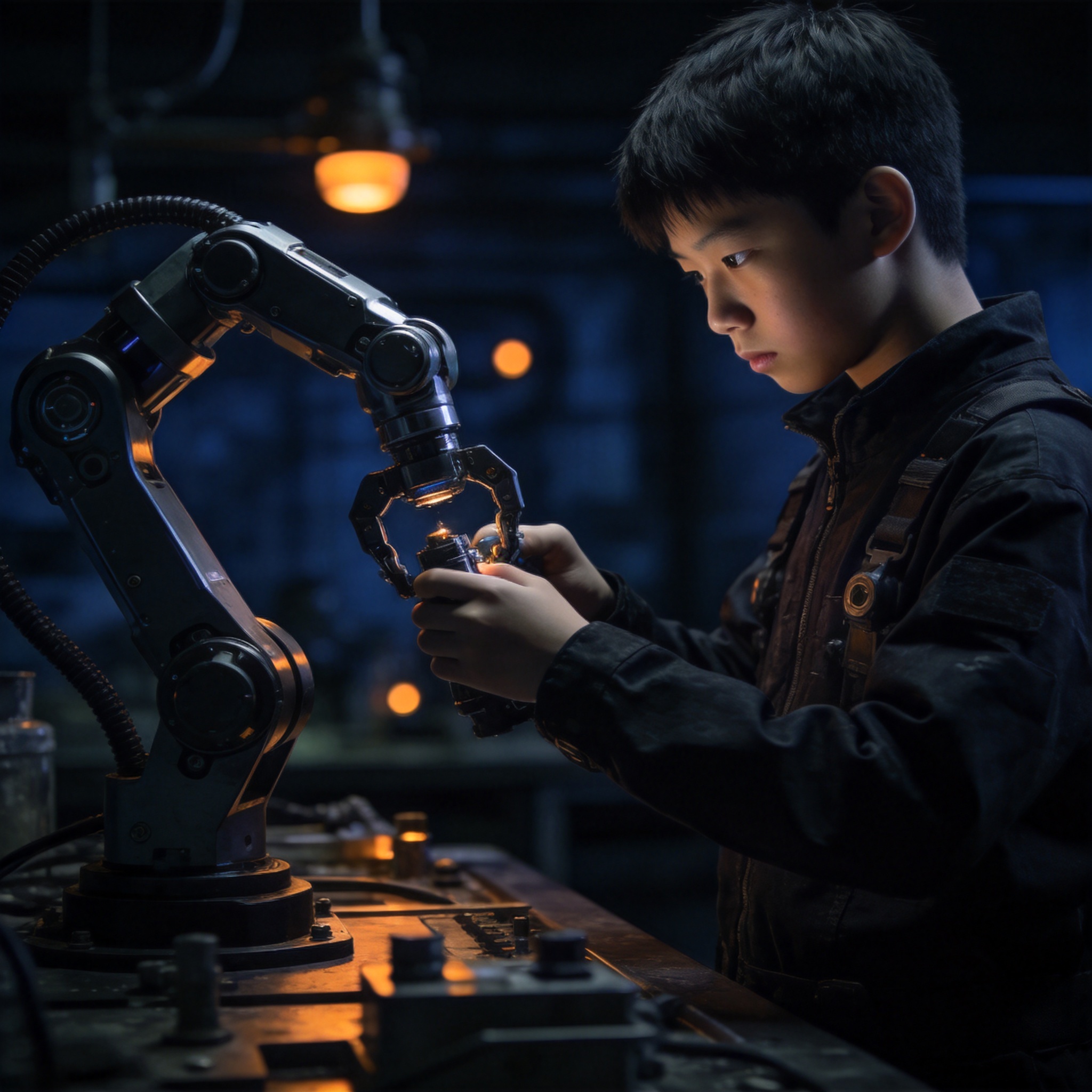 少年在 AI 实验室操作机械臂